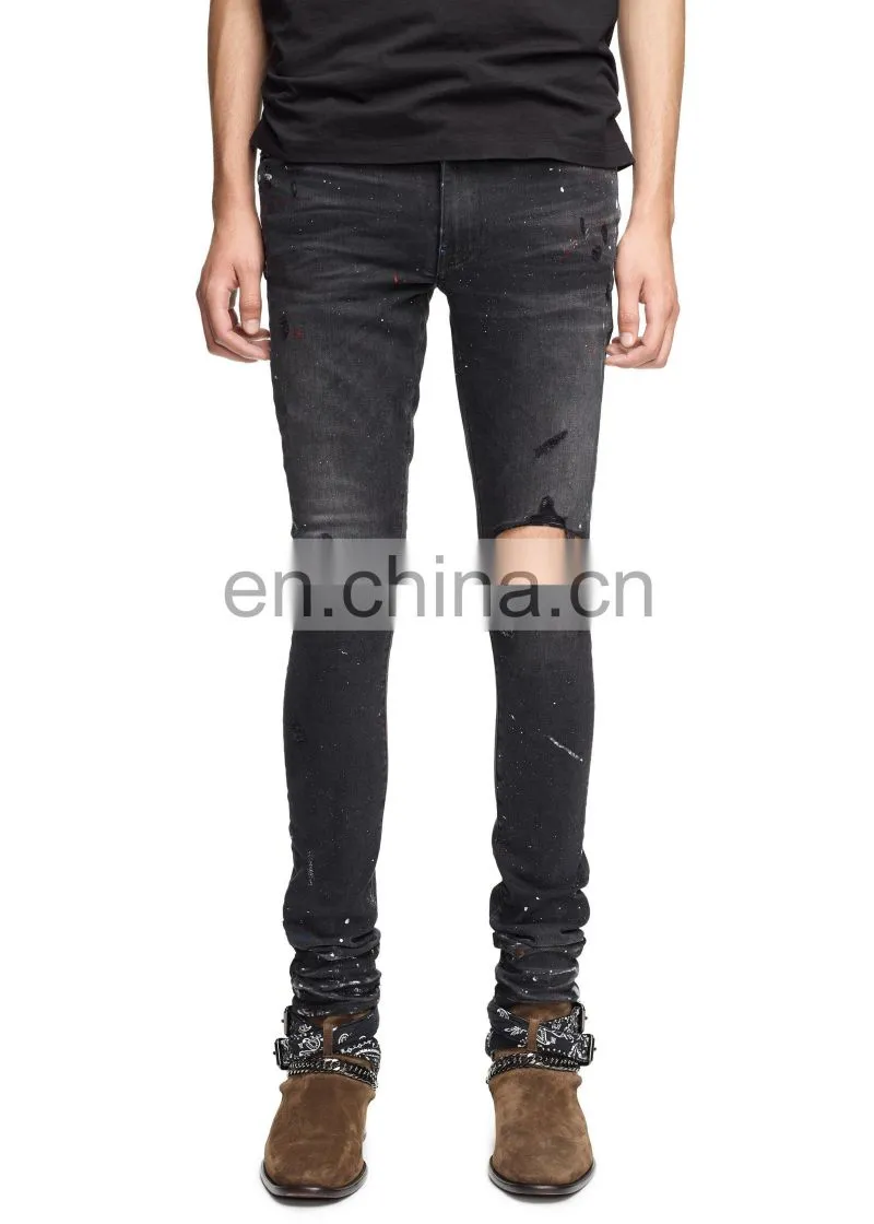 DiZNEW Guangdong Factory Black Broken Paint Splashed Jeans For Men