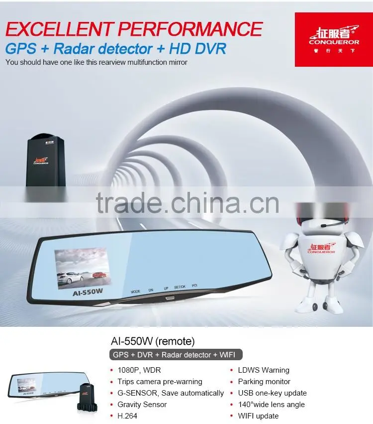 2016 rearview mirror with DVR Romote radar detector combo 3 in 1 car DVR rearview mirror