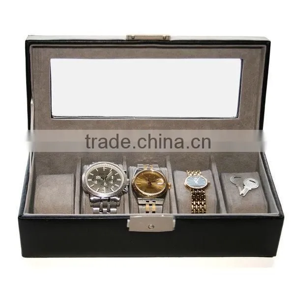 Black Genuine Leather 5-slot Watch Display Box Watch Organizer Case Travel Jewelry Case