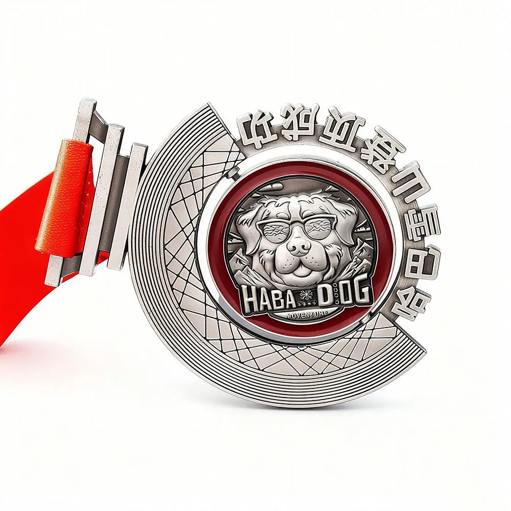 Custom Spinning 3D Dog Relief Hard Enamel Medal, Zinc Alloy Antique Silver Award For Outdoor Hiking