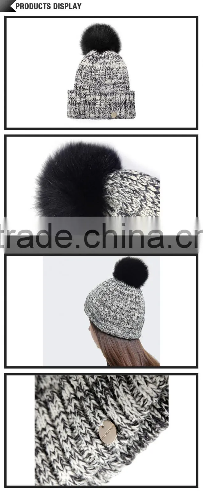 Top sale women pom label woven cotton ball acrylic knitted cap