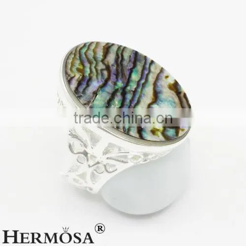 Precious Rainbow Real Abalone Shell 925 Sterling Silver Oval Big Stone Ring