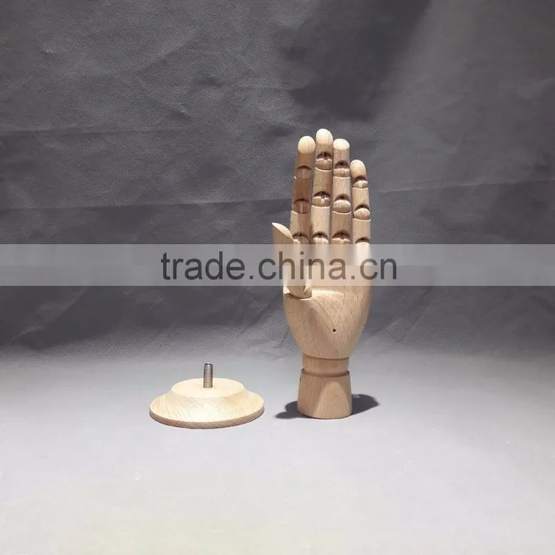25cm height female right wooden hand beech wood with round wooden base