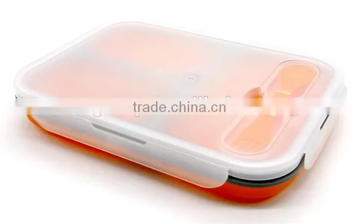 Eco-friendly 100% Food grade 3 compartments collapsible silicone folding lunch box, Microwave orange silicone folding lunch box