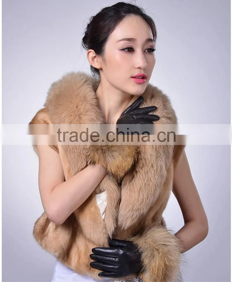 Women's Lambskin Leather Gloves with Plush Raccoon Fur Trim Super Warm