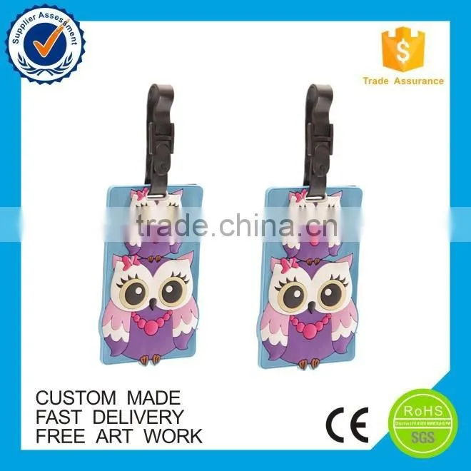 2016 cartoon owl eco-friendly custom luggage tag pvc