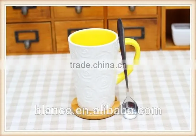 White Coffee Mug Color Interior With Embossed Flower