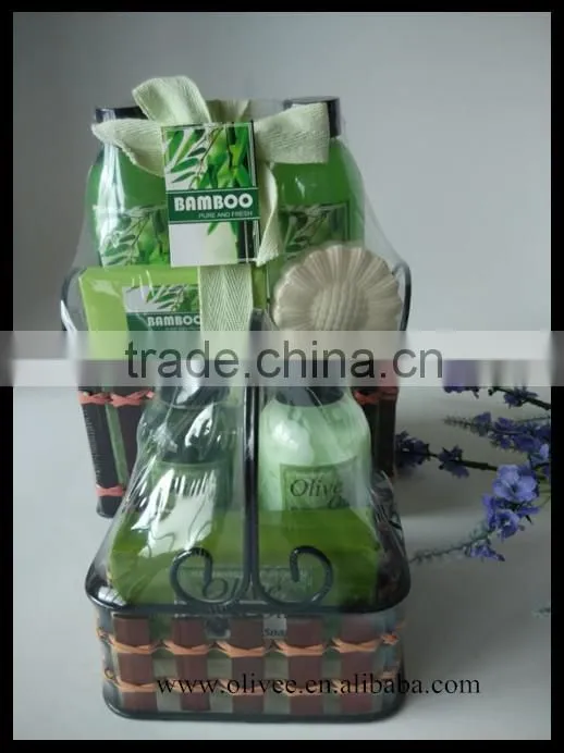 Nice fragrance bath set 170ml shower gel bubble bath and 70ml body lotion 100g soap fizzer with bamboo basket