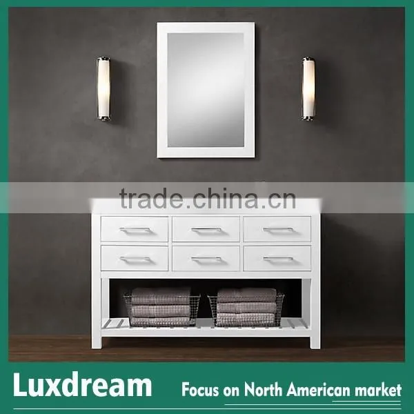 36" white floor standing bathroom vanity with wooden shelf