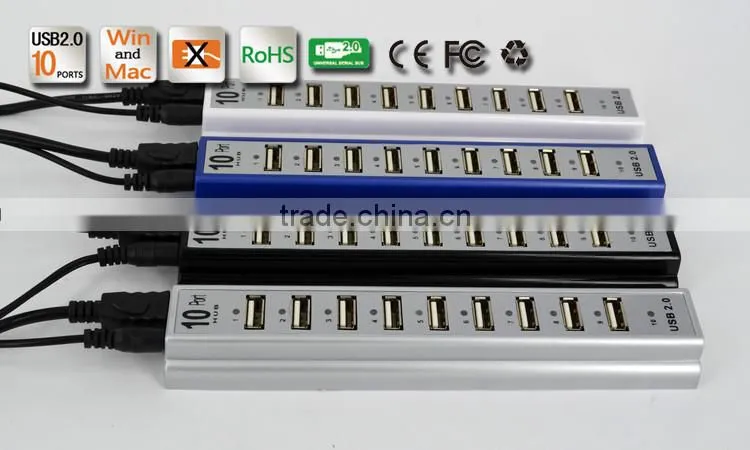 Wholesale Durable 10 Port Hi-Speed USB 2.0 Hub Splitter US Adapter AC Power For PC Laptop 3 Colors
