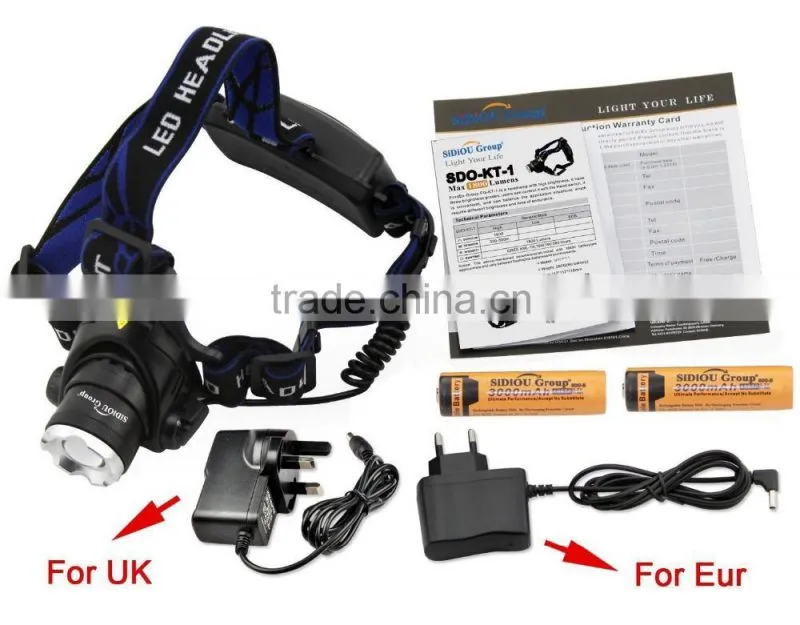 Sidiou Group 1800Lm XM-L T6 10W Focus LED Headlamp Light with 2 X 3.7V 3000mAh 18650 Rechargeable Battery and Battery Charger