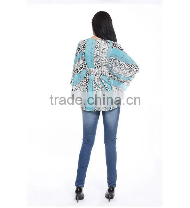 Women V Neck Printed Loose Bat Sleeve Chiffon Blouse