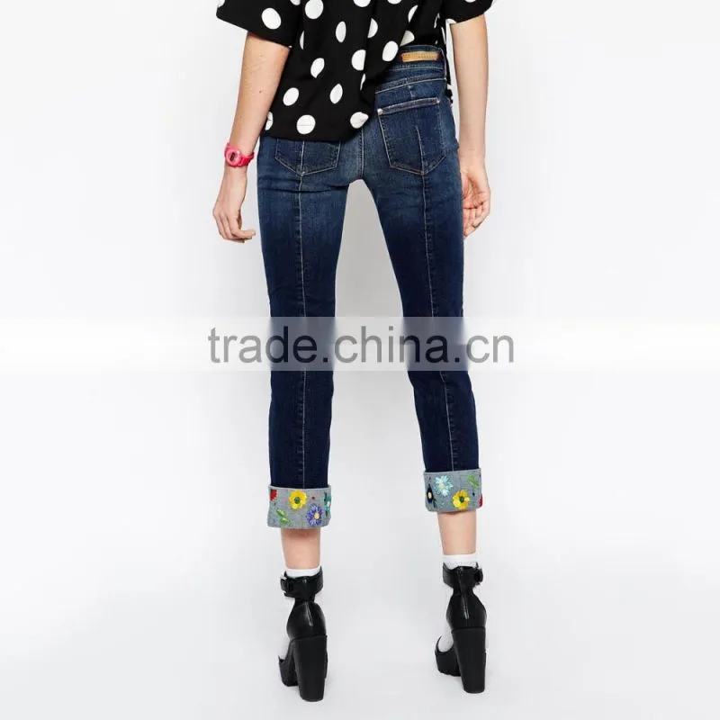 ladies denim jeans trouser bottom with embroidery pattern