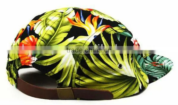Plant fabric leather strap design floral 5 panel cap