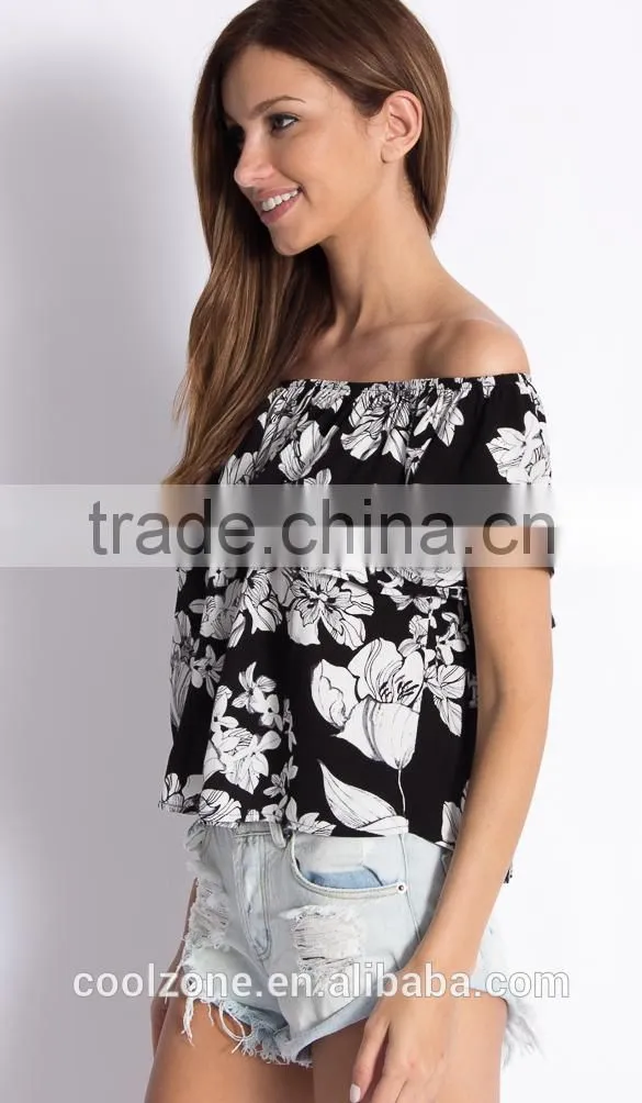 2015 Off the shoulder floral print women tank top,wholesale women sweet sheer tank tops