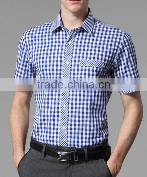 Wholesale branded short sleeve blue color plaids men dress shirt &causal shirt