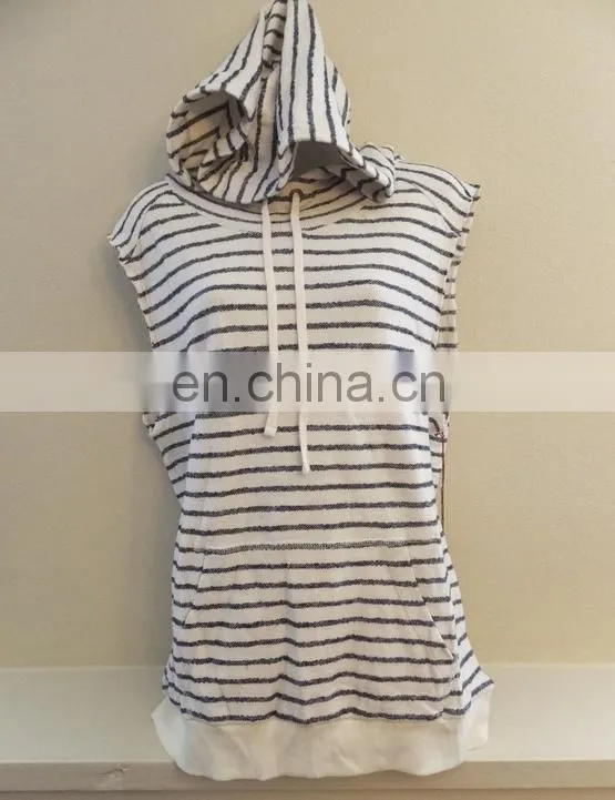 Womens Printed Stripe Sleeveless Funnel Neck Hoodie Top Shirt Natural Navy