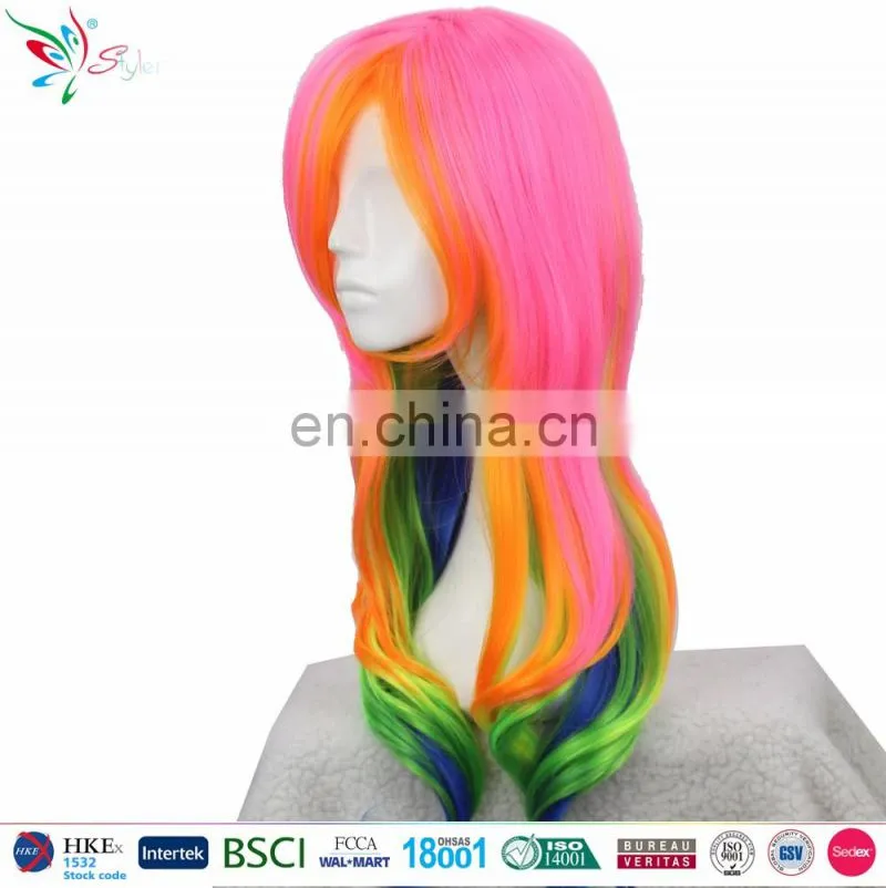Styler Brand women girls synthetic fibre hair wigs Fashion rainbow curly wig, hot selling cosplay wig