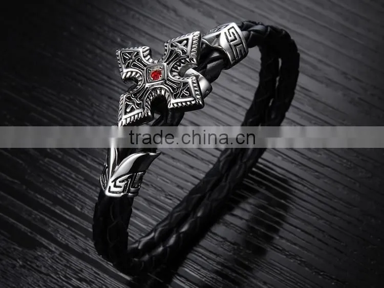 Genuine cow leather weave bracelets titanium steel big brand vintga antic cross man bracelet