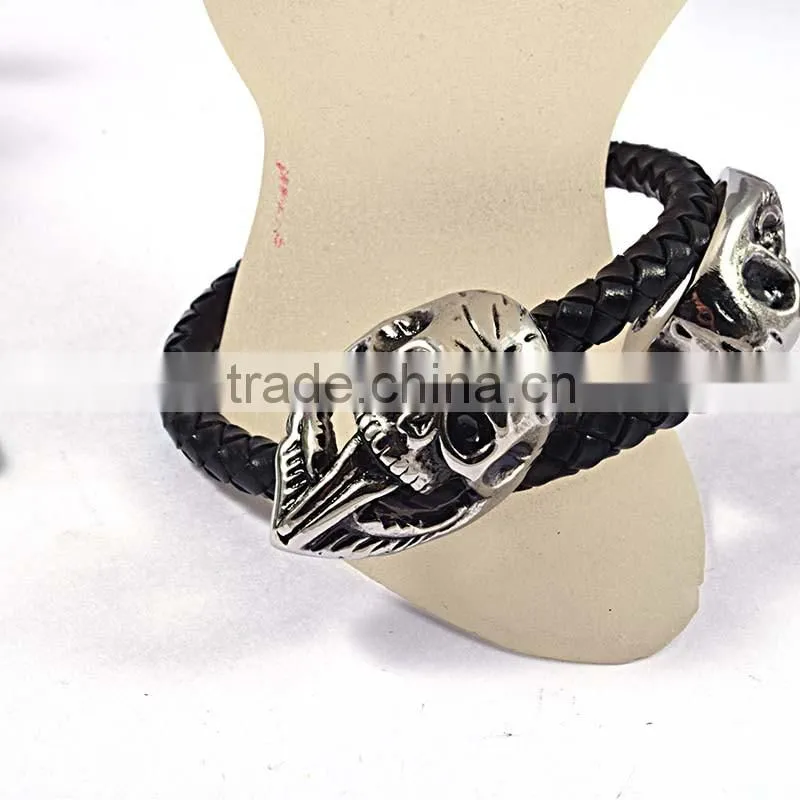 fashion chain black handmade fashion skull leather bracelet