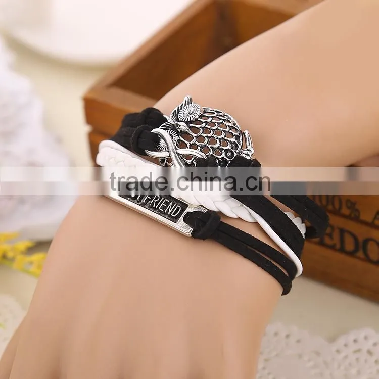 hot sale fashion alloy vintage peace sign owl multi strand weave leather bracelet