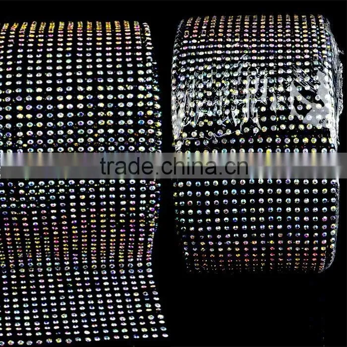 Wholesa Price 18 Rows Stretch Rhinestone Trimming Mesh with Plastic Ribbon,Elastic Crystal Stone Trims Sheet Mesh for Decoration