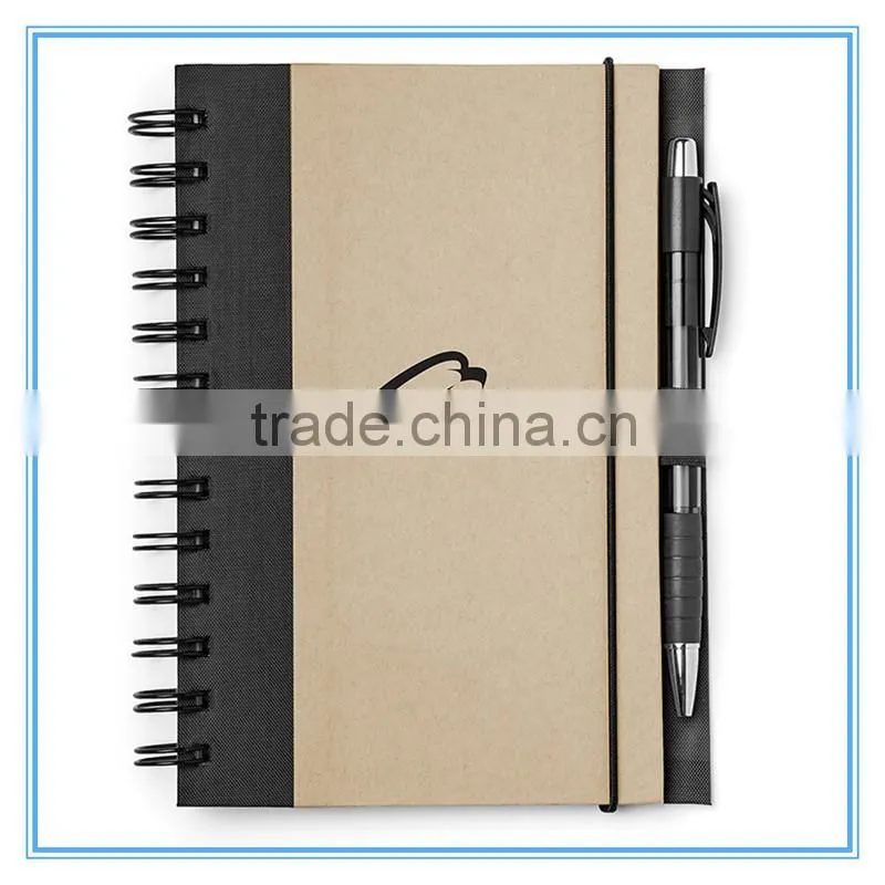 Wholesale office and school supplies imprint kraft paper cover spiral note book with pen