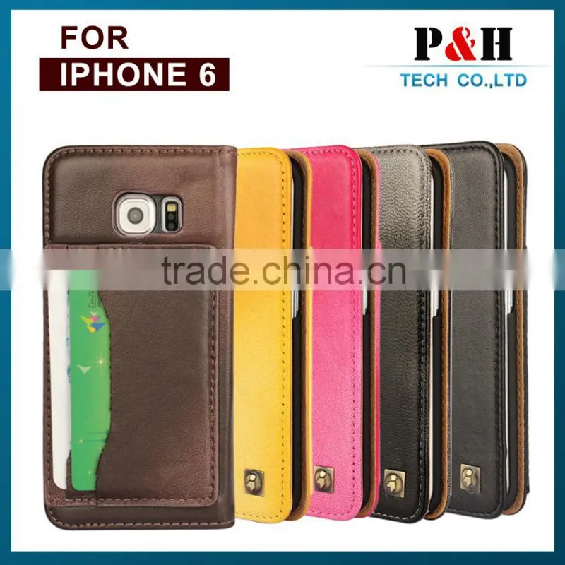 Vintage Customized Litchi Grain Genuine Real Cow Leather Flip Cover Case For iPhone 6 / 6 Plus