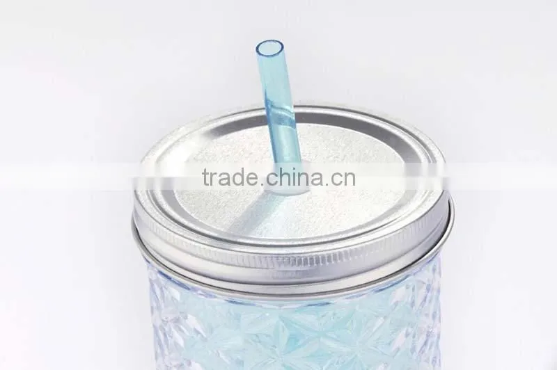 450ml doubel wall-plastic mug with straw and tinplate cap