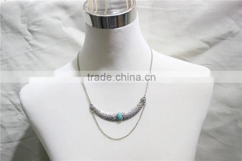 Anti-silver Folk w/ Blue Stone Statement Necklace Simple Chain Necklace 2016 Fashion Style Wholesale