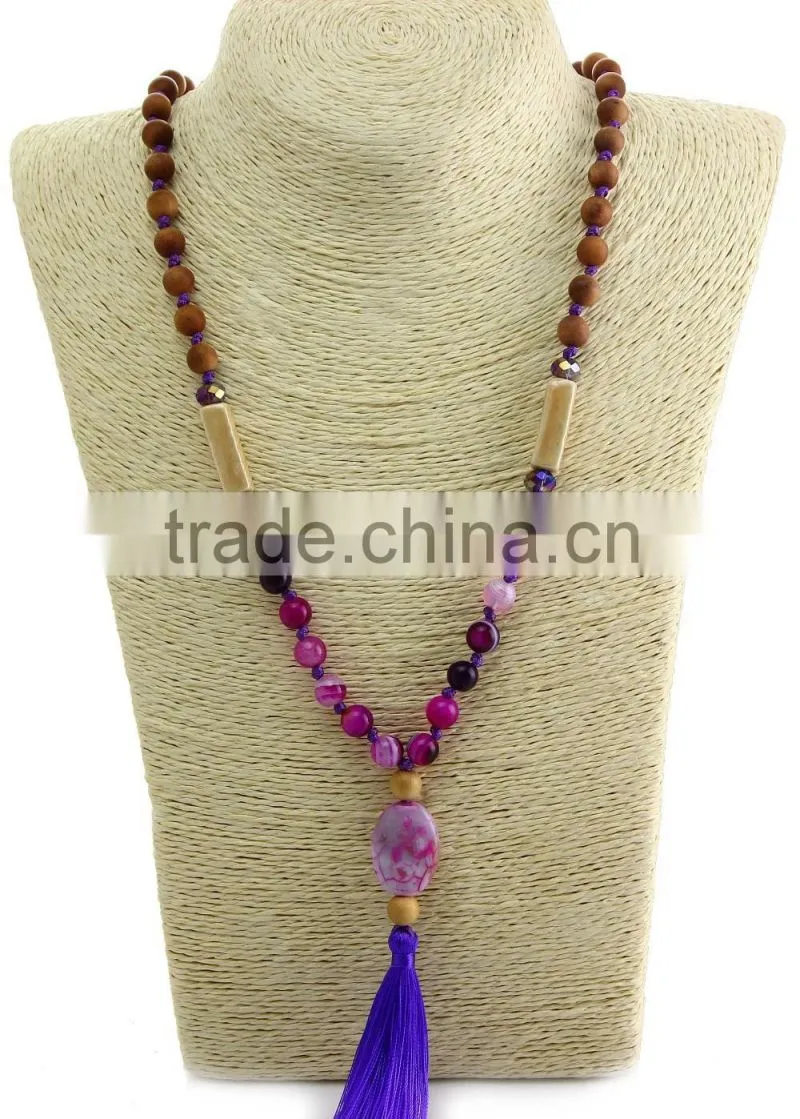 unisex women wooden beaded necklace gemstone pendant necklace with tassel