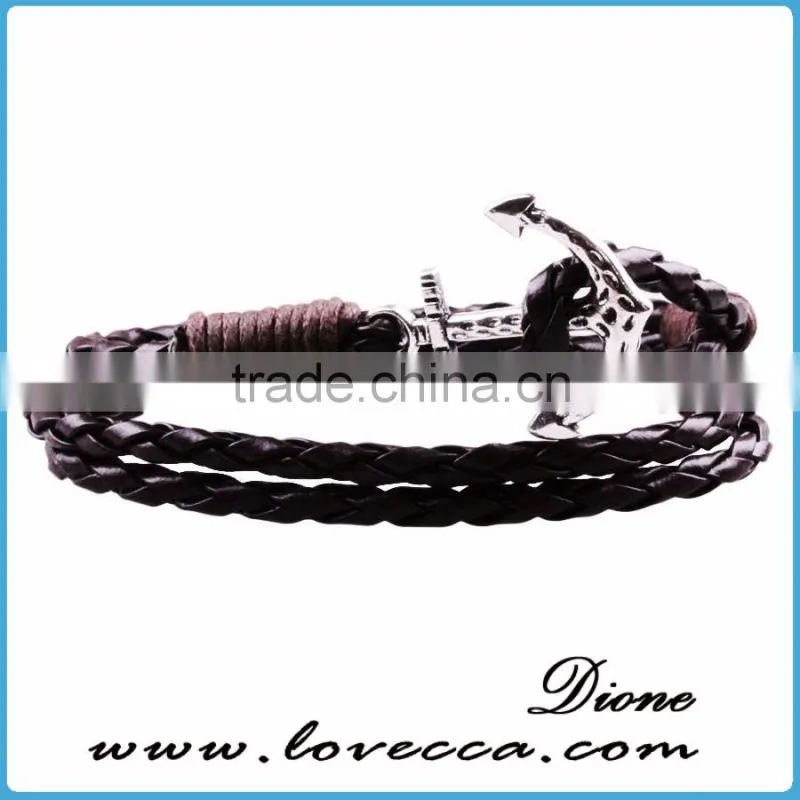 Custom Handmade Mens Genuine Braided Leather Hook Anchor Bracelet