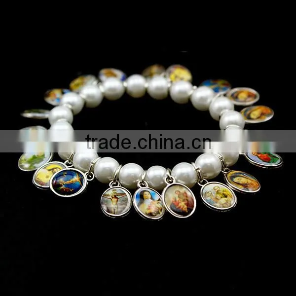 glass beads bracelet with small religious medals double sides 8mm white beads