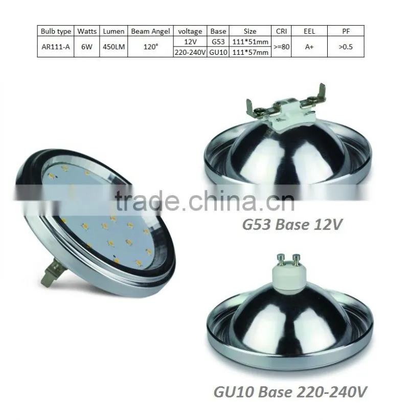 AR111 G53 LED bulb light AC/DC12V 6W with CE ROHS