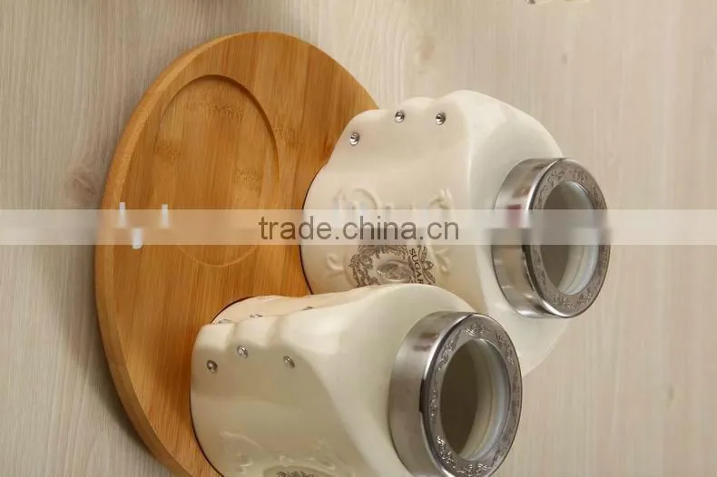 Ceramic canister set with turntable bamboo rack,ceramic food storage jar,ceramic kitchen sugar coffee tea jar
