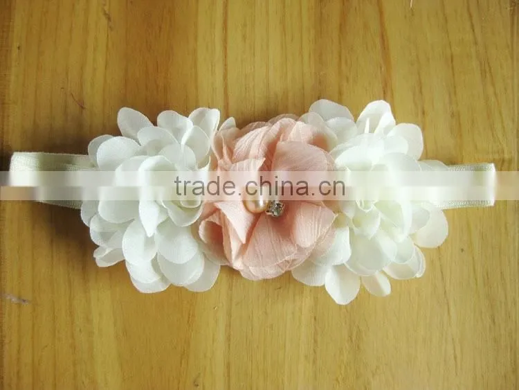 chiffon flower with pearl rhinestone in center for kids hair accessories