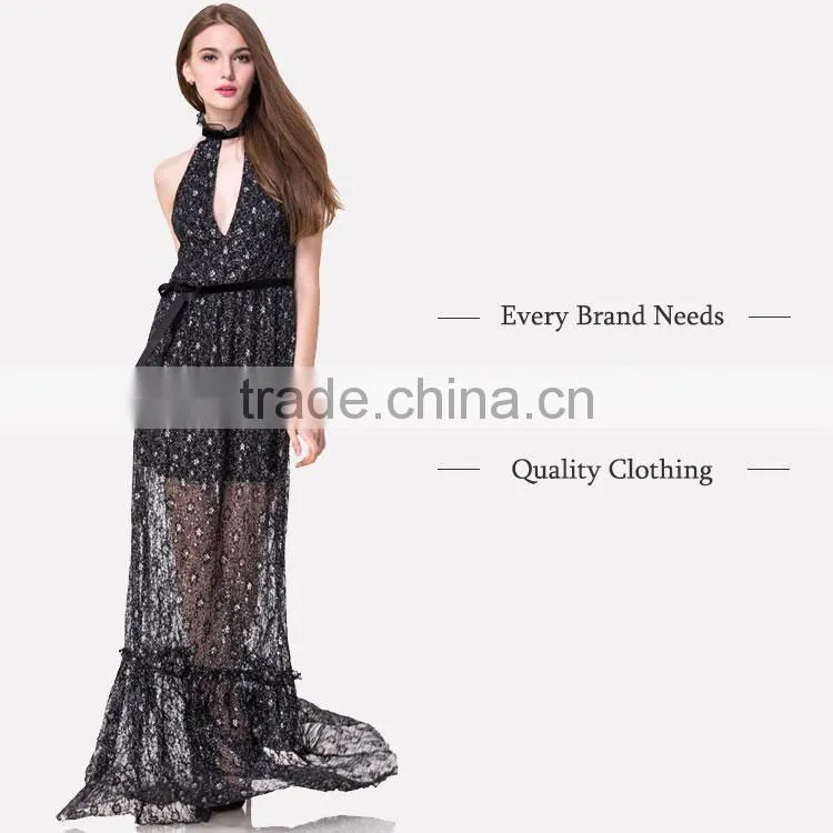 Free Sample Woman Casual Wholesale Long One Piece Maxi Fashion Black Lace and Sequin Evening Dress with Silver Threads