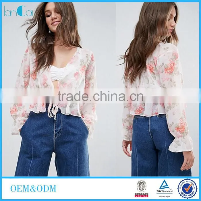 OEM Service supply type women sexy tops and blouses floral print plunge blouse