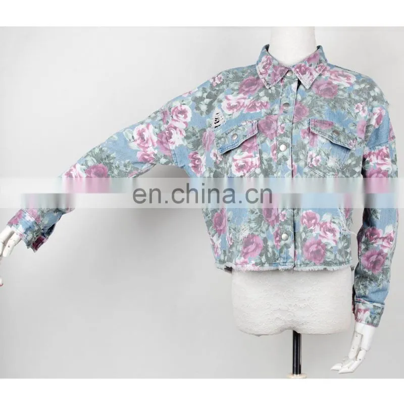 Long sleeve double pocket cotton ladies denim shirts with printed