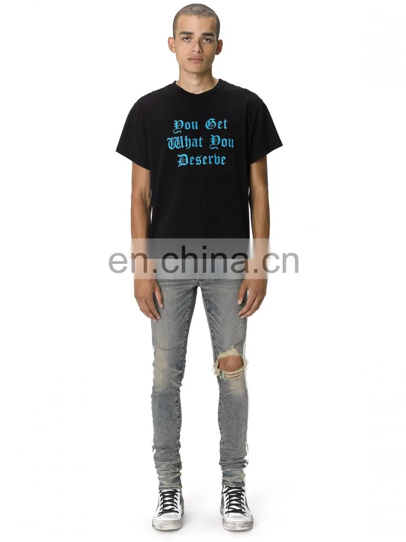 DiZNEW Dirty Indigo White Side Broken Track Ripped Denim Jeans Men