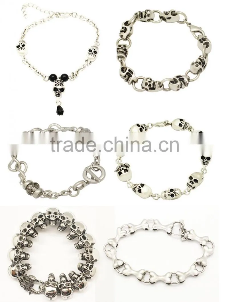 stainless steel men skull bracelet with silver plating