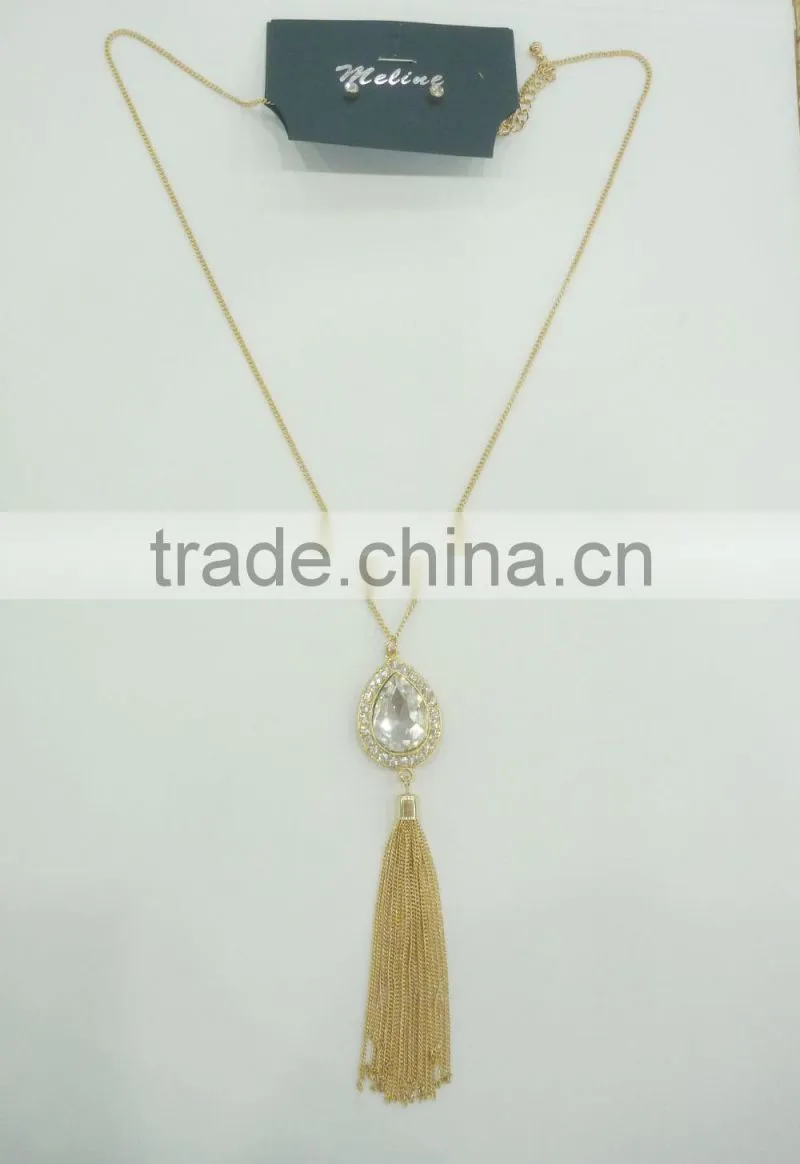 FASHION TEAR DORP STONE PENDANT CHAIN TASSEL NECKLACE EARRING SET