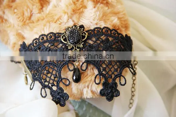 Black Lace Slave Bracelets with Ring Lolita Sexy Glass Bead Chain Metal