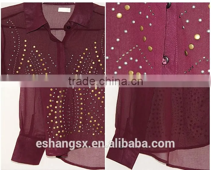 Ladies hot drilling long sleeve burgundy shirt