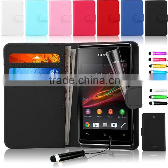 Set Screen Protector Stylus And Case For Sony Xperia E Dual C1605 , Leather Wallet White Phone Case