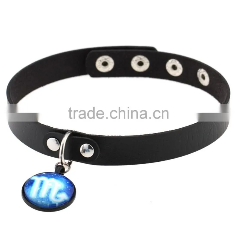 Fashion Women Man Round Zodiac Pendant Necklace Leather Chain Necklace Choker Vintage Jewelry