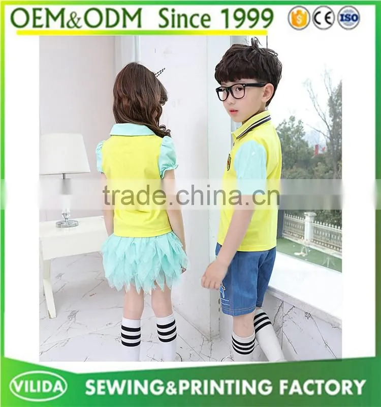 New design primary school uniform polo and skirt or shorts from china factory