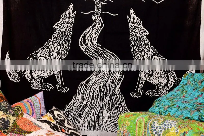 Indian Printed Wholesale Tapestry, Wolf Wall Hanging, Moon Hippie Beach Blanket, Boho Picnic Throw