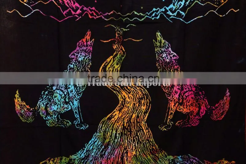 Twin Size Tie Dye Wolf Howling at Moon Wall Art Cotton Boho Wall Hanging Tapestry