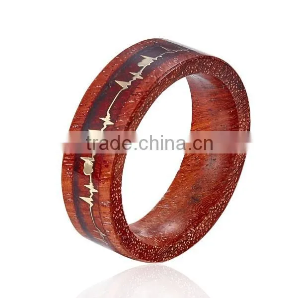 Natural Red Wooden Ring with Metal Piece Inlay